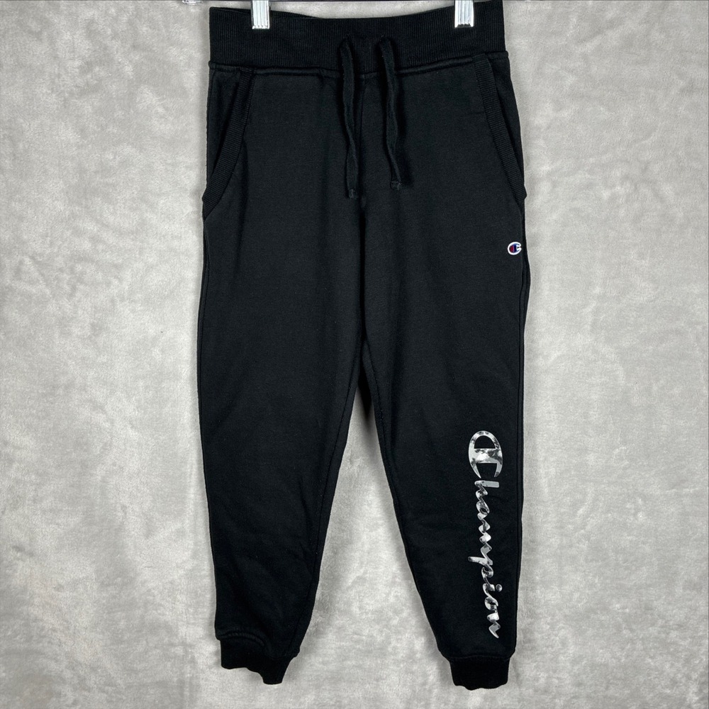 Champion Womens Black Fleece Joggers Metallic Silver Logo Sweatpants Medium